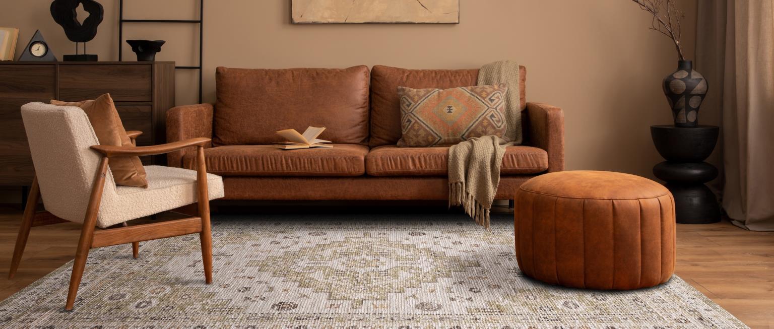 cozy minimal white living room with mid pile soft green stripe rug