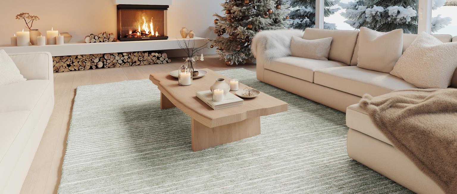 Midcentury leather sopha with low pile muted geometic rug