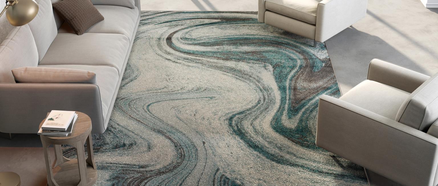 cozy minimal white living room with mid pile soft green stripe rug