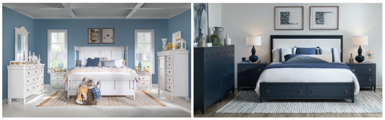 navy bedroom set with white coverlett