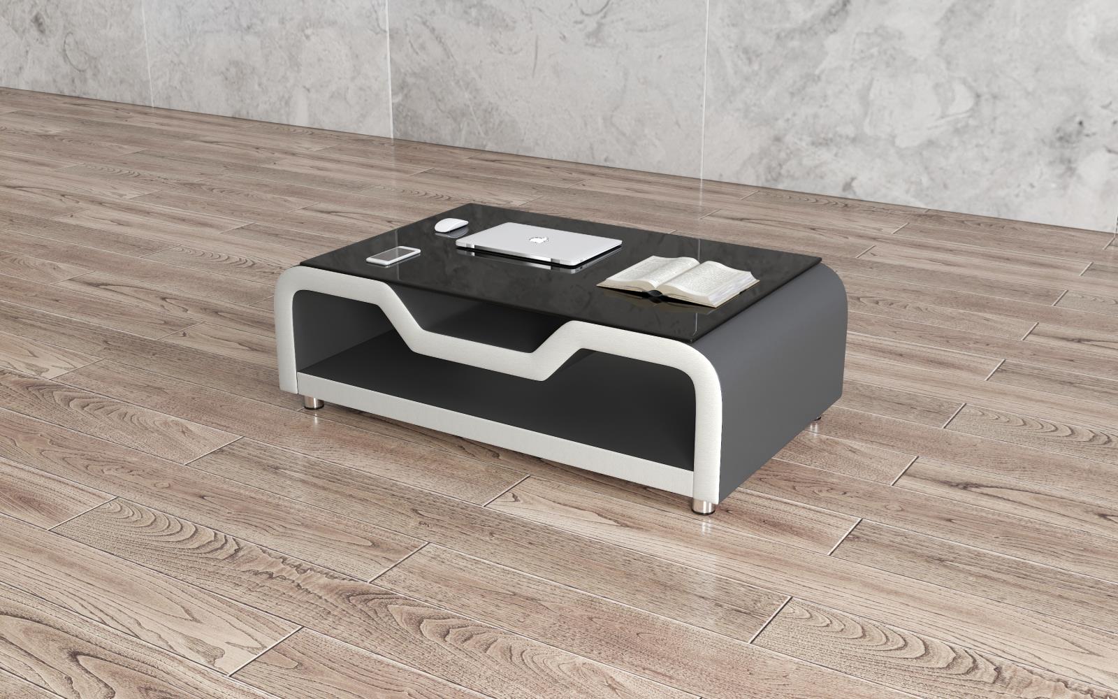 Enchanted Gray & White Coffee Table with Glass Top and Storage Shelf