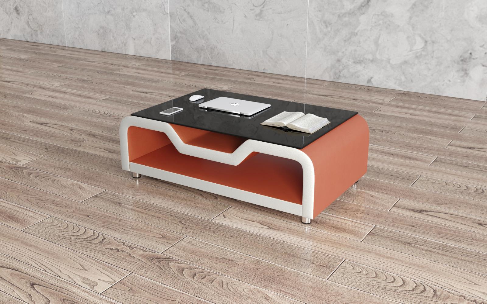 Enchanted Orange & White Coffee Table with Glass Top and Storage Shelf