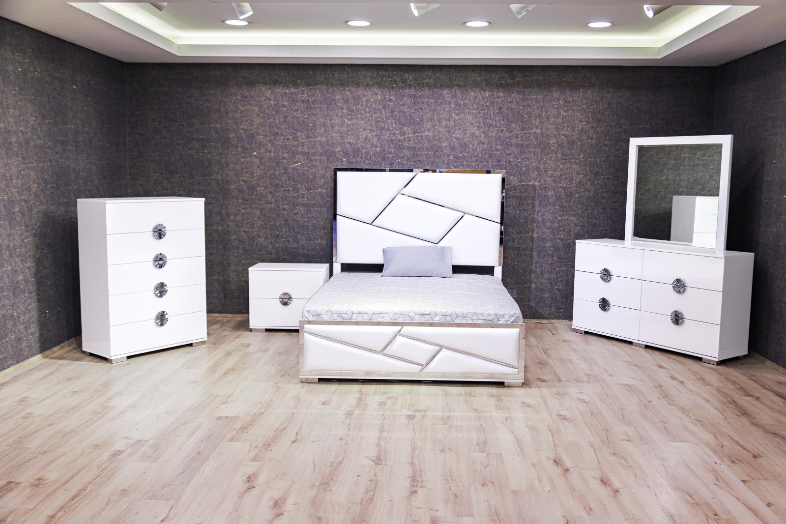 Avalon White King Bed, Dresser, Mirror, Chest & Nightstand