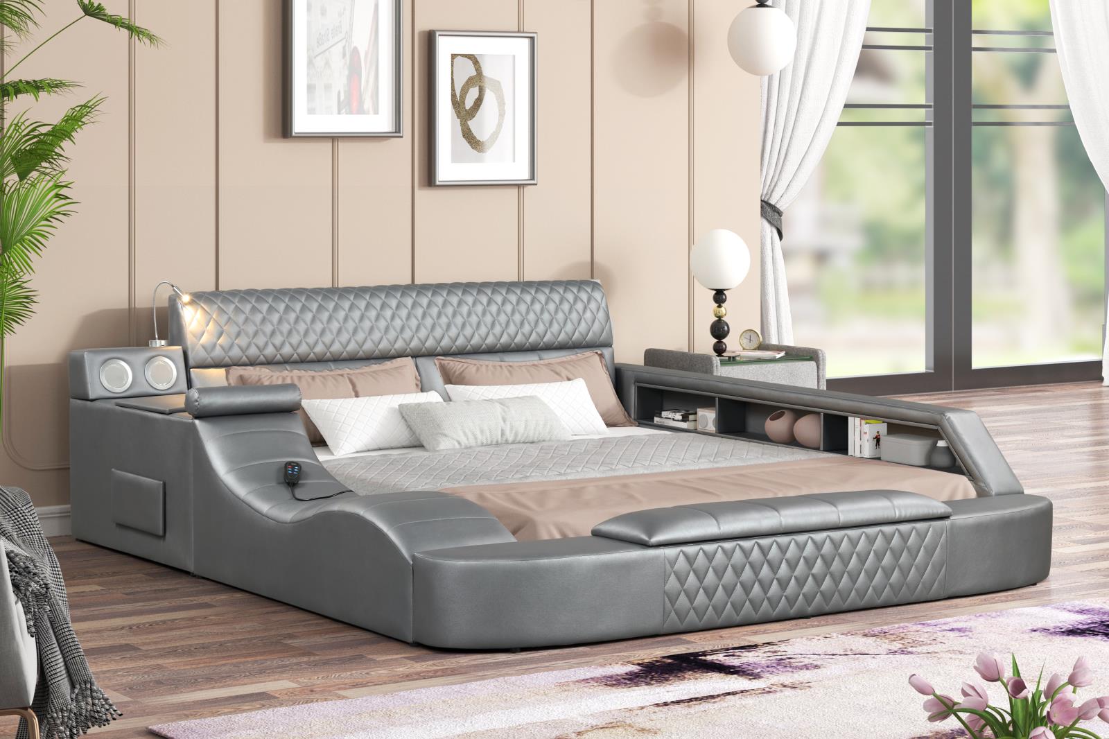 Odessa Gray Upholstered Queen Bed with Massage Chaise