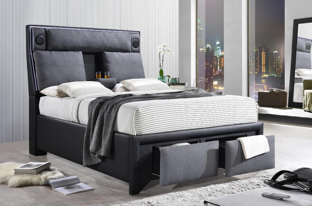 Chester Black & Gray Upholstered Queen Bed with Storage Footboard