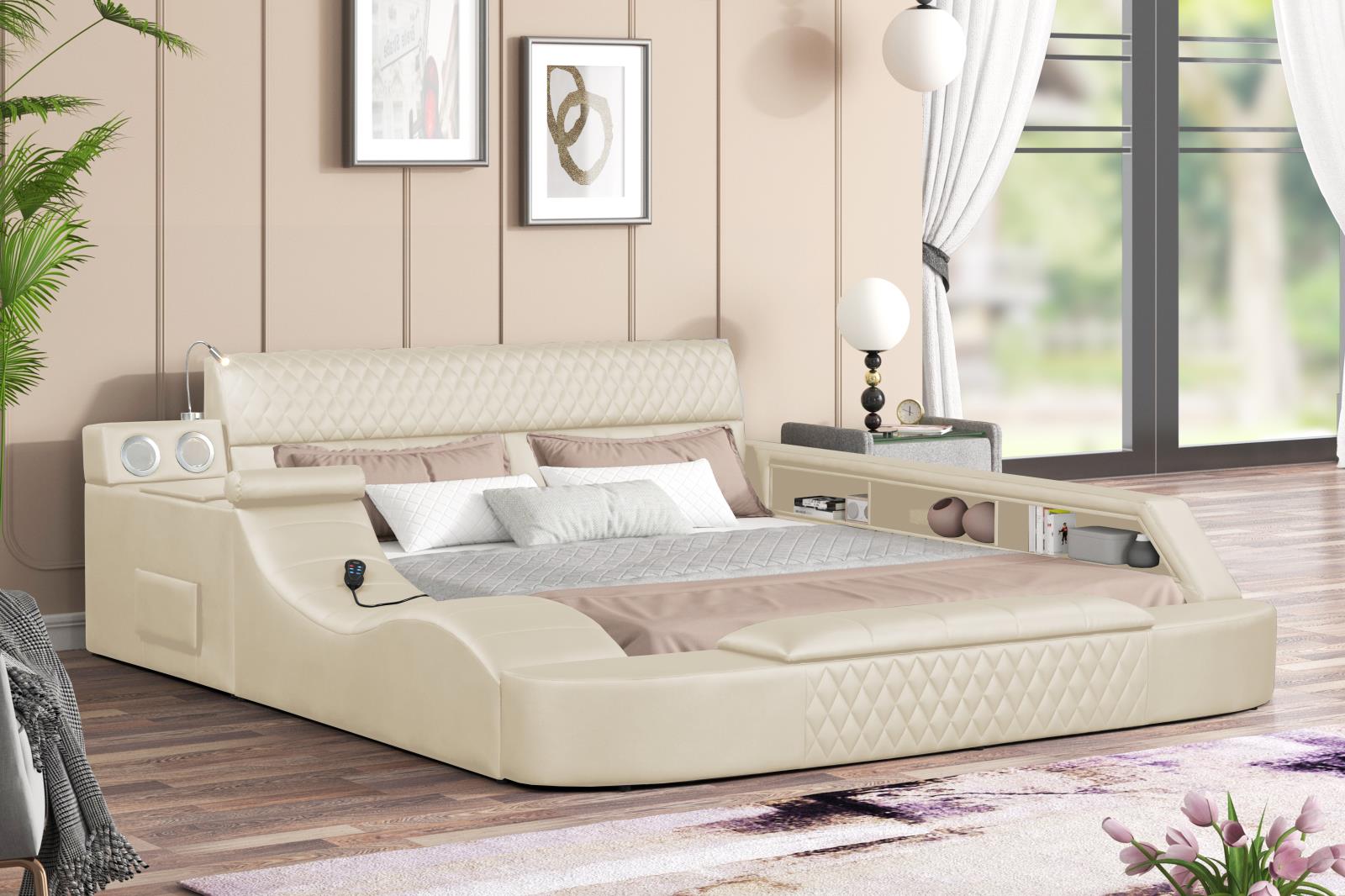 Odessa Cream Upholstered Queen Bed with Massage Chaise