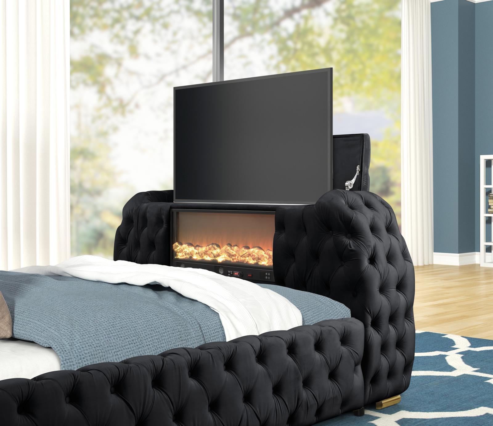 Rose Black Upholstered Queen Bed with TV Lift