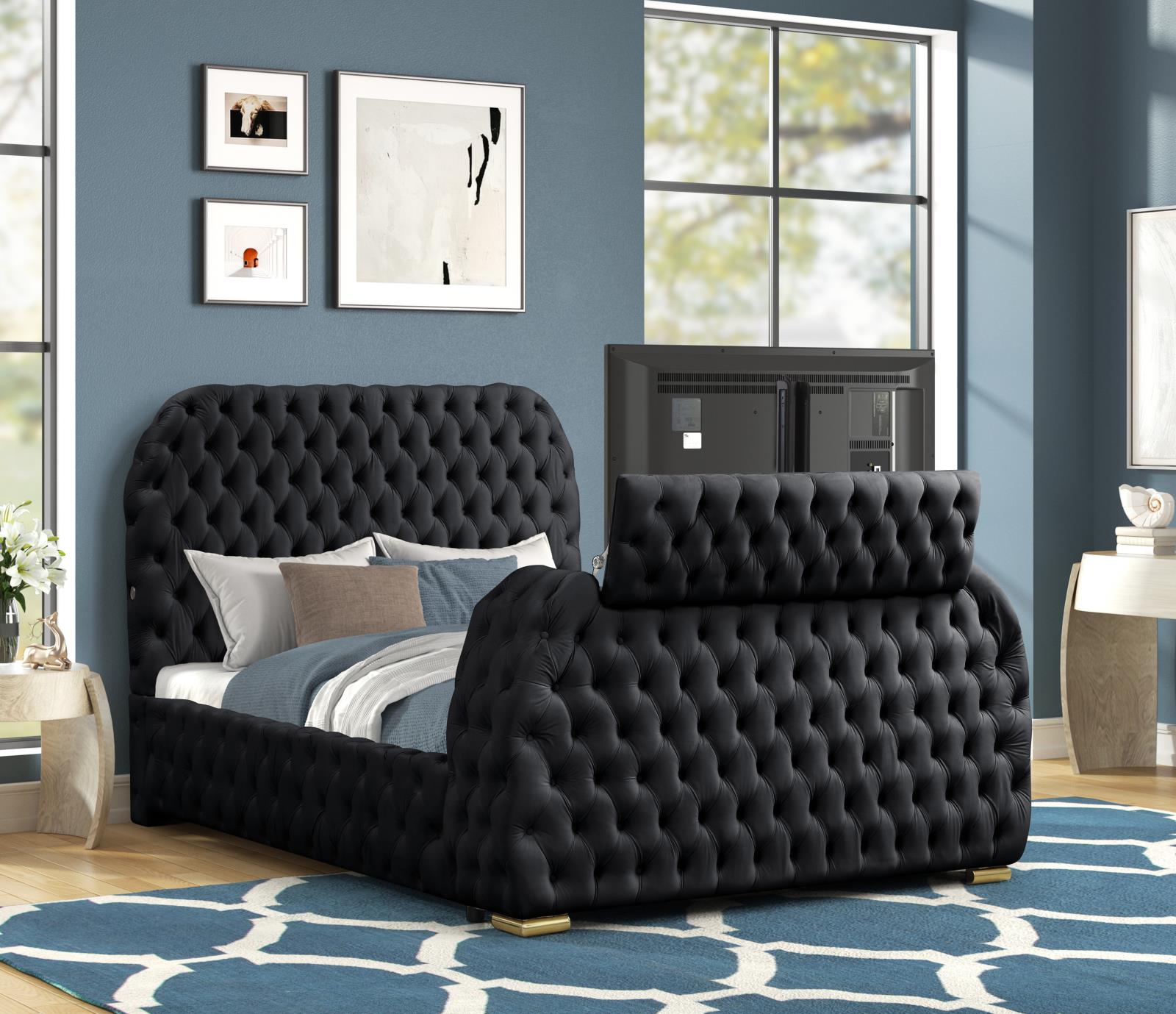 Rose Black Upholstered Queen Bed with TV Lift — view 3