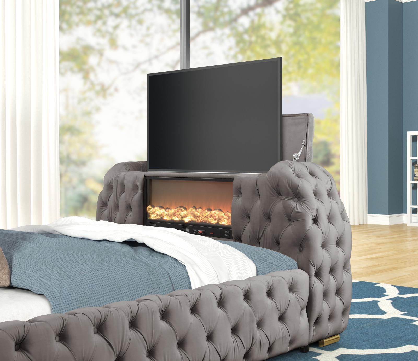 Rose Gray Upholstered King Bed with TV Lift