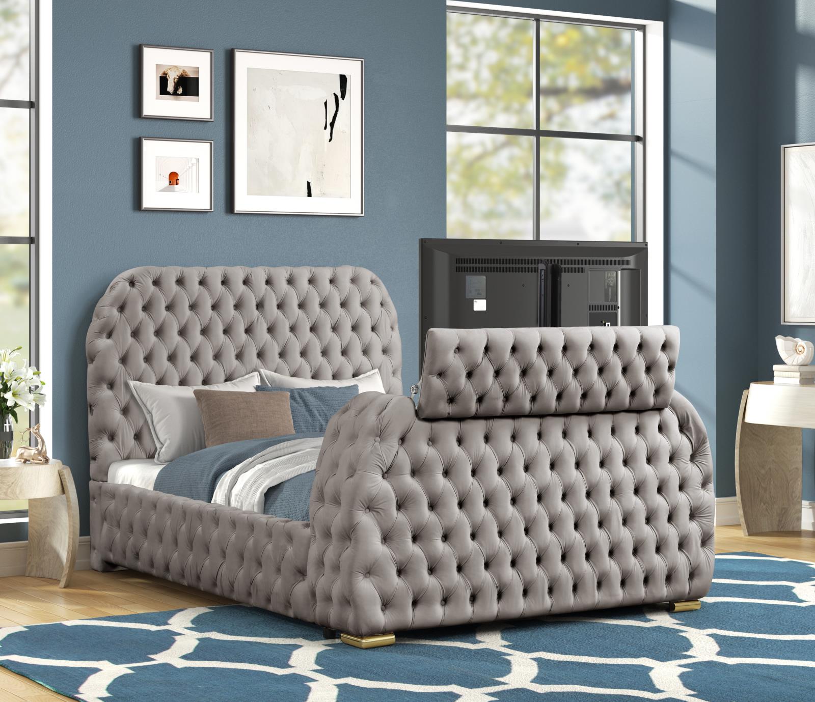 Rose Gray Upholstered King Bed with TV Lift — view 3