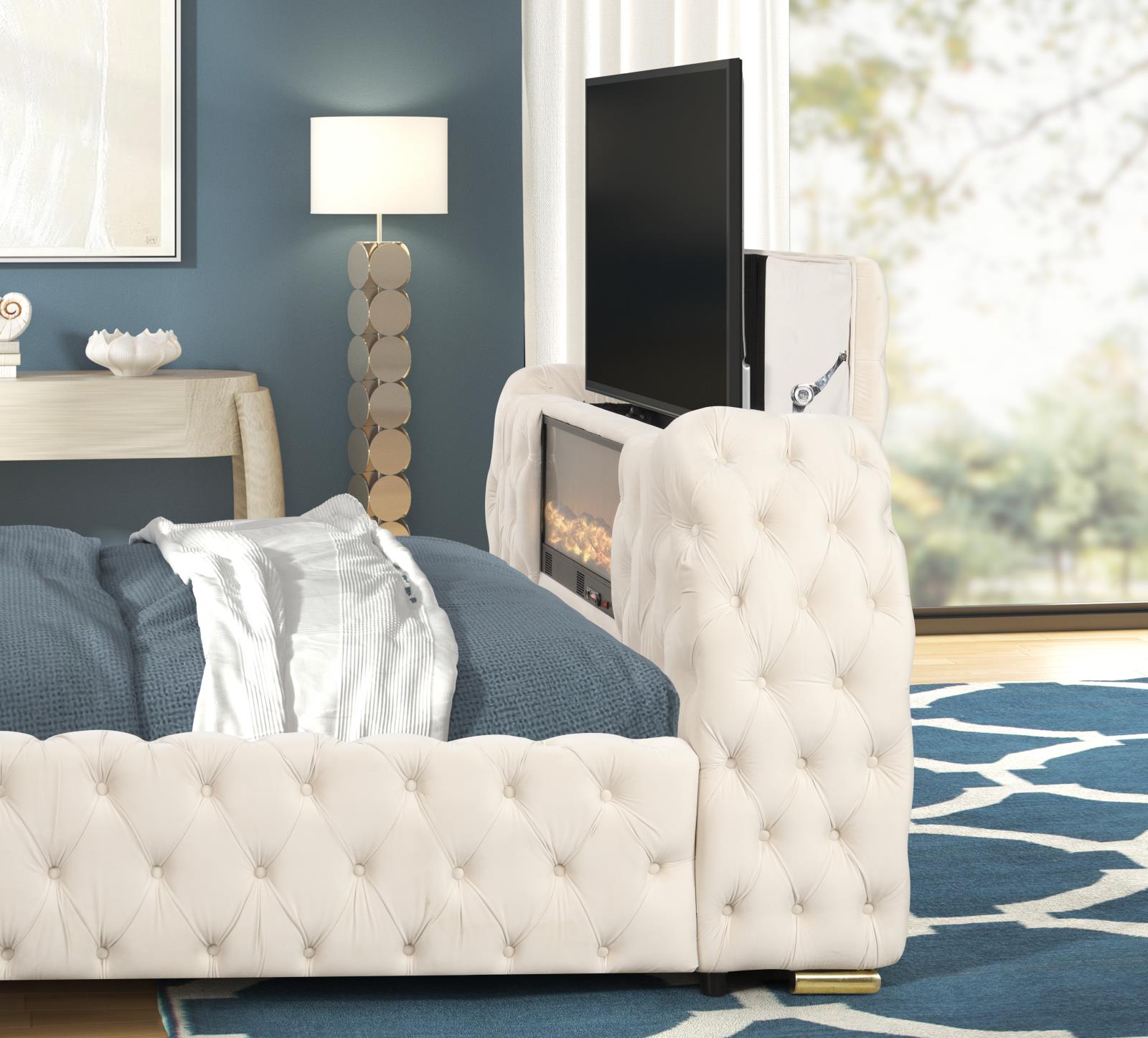 Rose Cream Upholstered King Bed with TV Lift