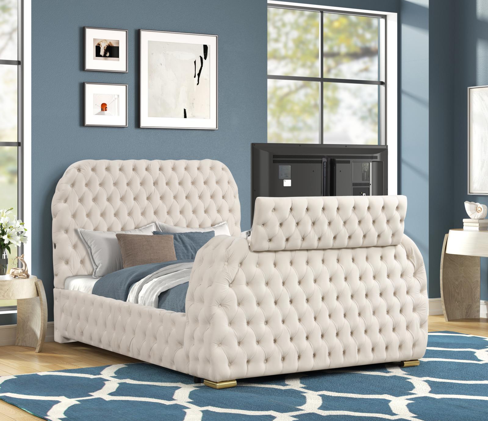 Rose Cream Upholstered King Bed with TV Lift — view 3