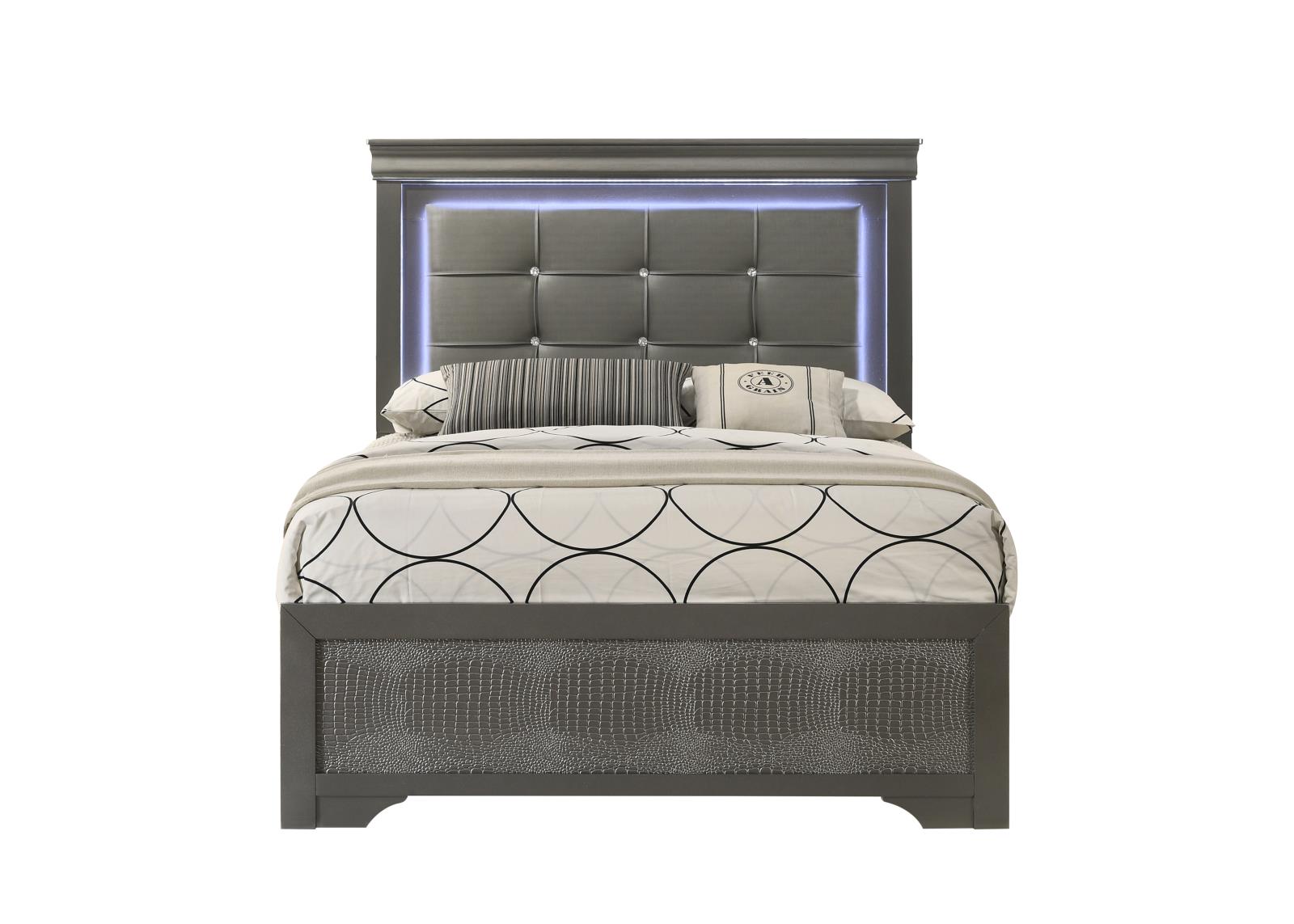 Arya Gray Queen Bed with Upholstered Headboard and LED Light
