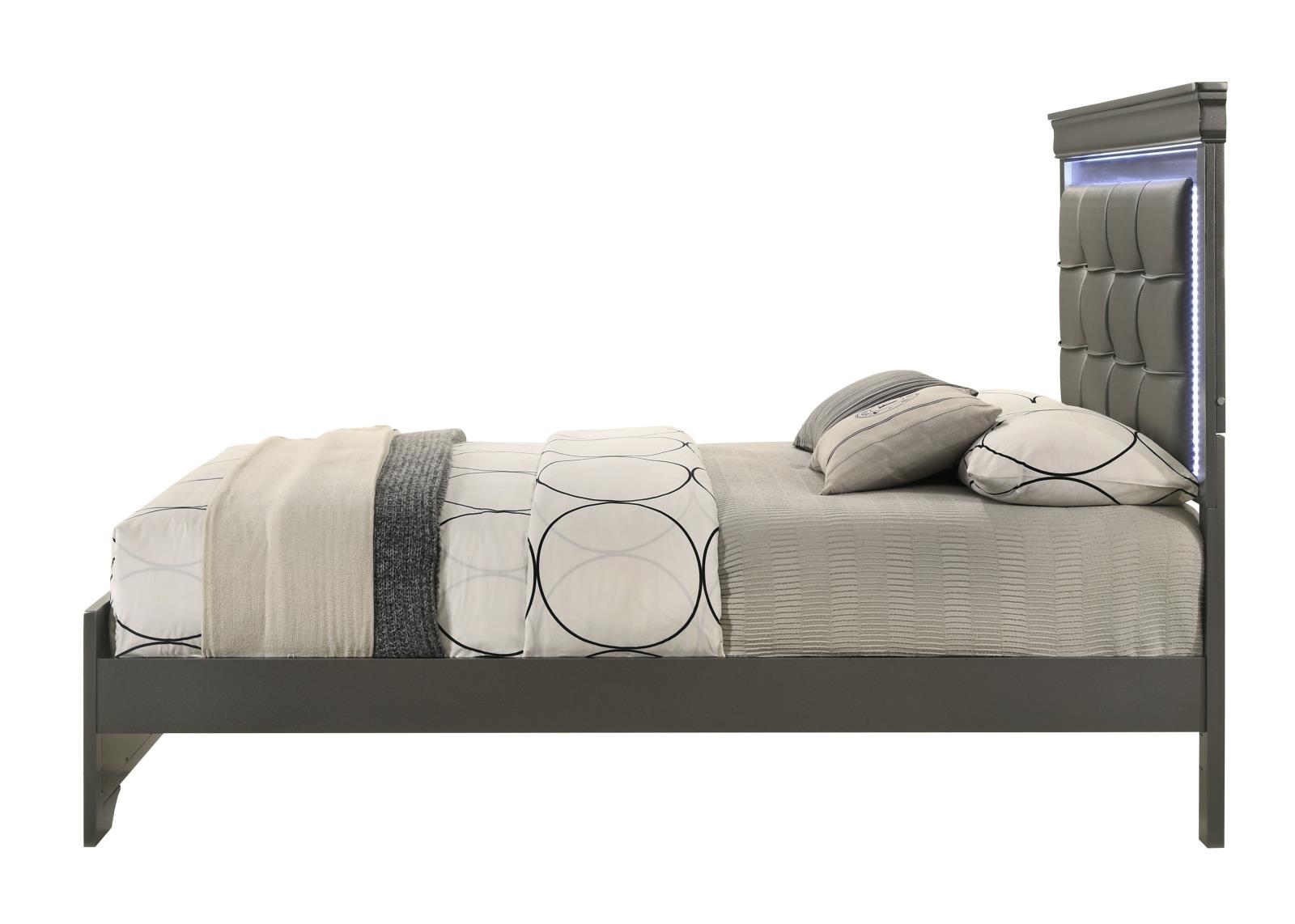 Arya Gray Queen Bed with Upholstered Headboard and LED Light — view 2