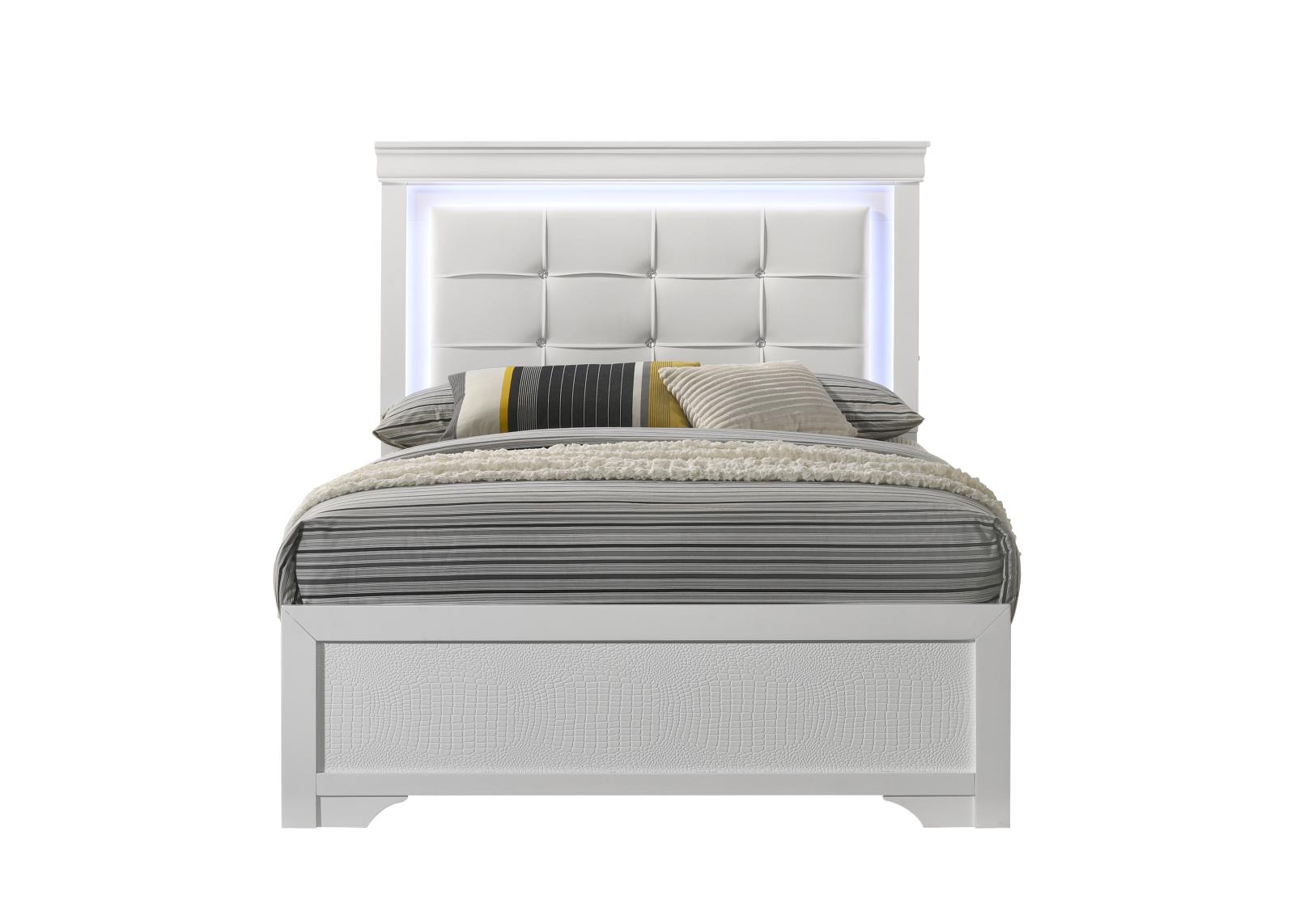 Arya White Queen Bed with Upholstered Headboard and LED Light