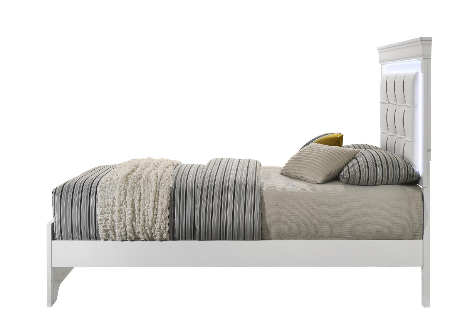 Arya White Queen Bed with Upholstered Headboard and LED Light — view 2