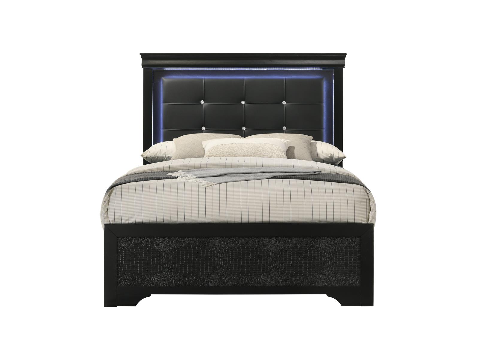 Arya Black Full Bed with Upholstered Headboard and LED Light