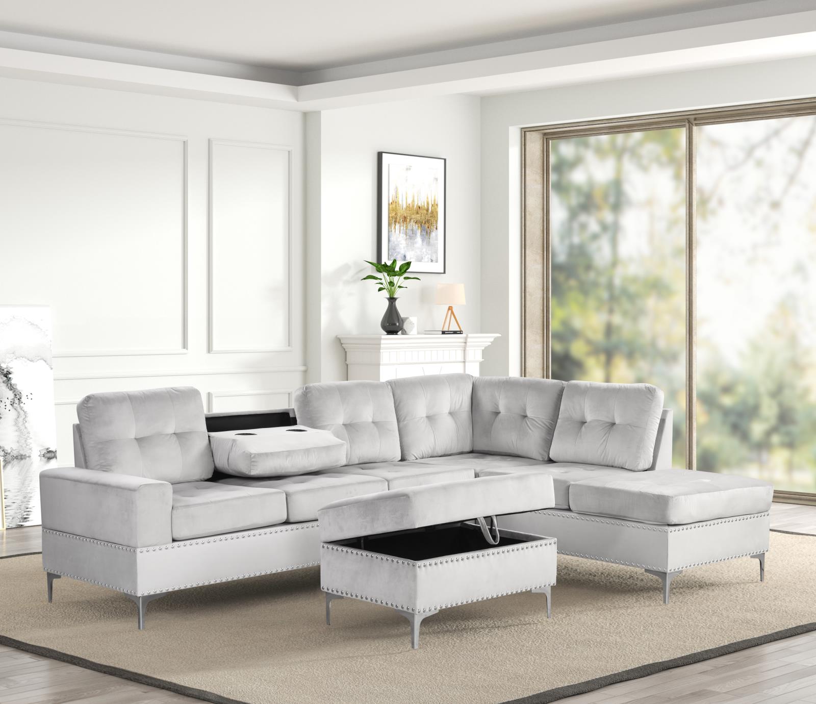Naples Silver Velvet Storage Ottoman with Chrome Legs