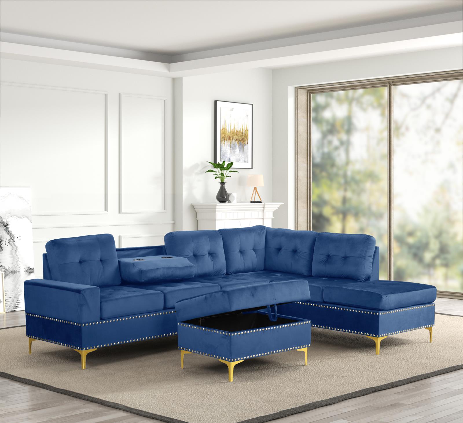Naples Blue Velvet Storage Ottoman with Gold Legs