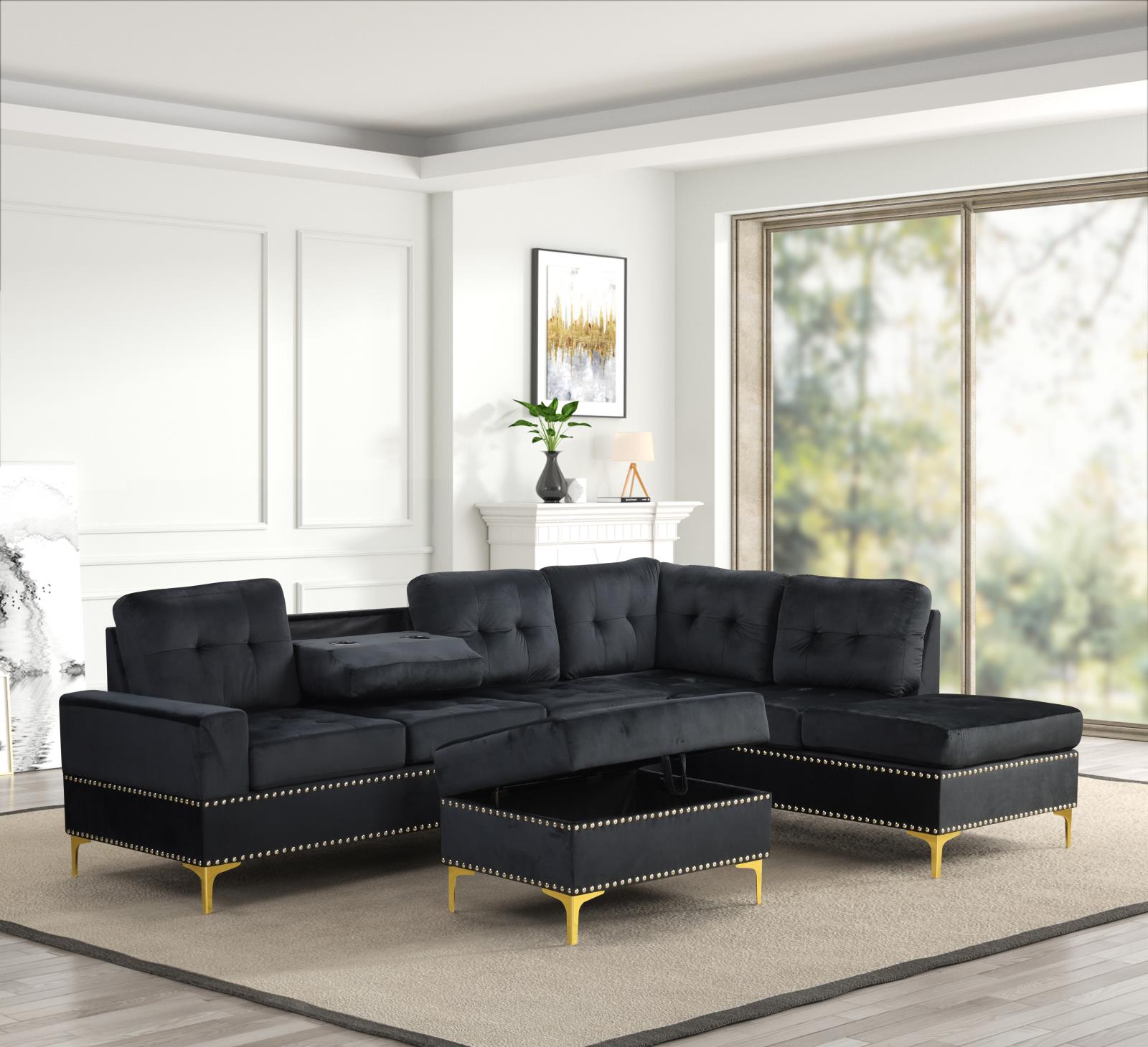Naples Black Velvet Storage Ottoman with Gold Legs