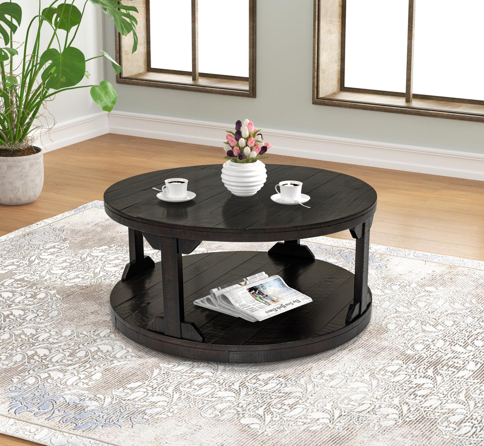 Celia Rustic Round Coffee Table with Storage Shelf — view 2