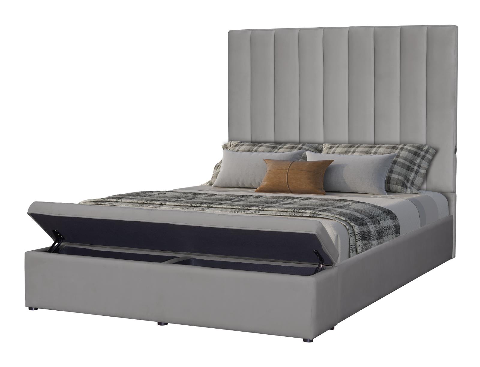 Jane Gray Upholstered Storage King Bed with USB Charger