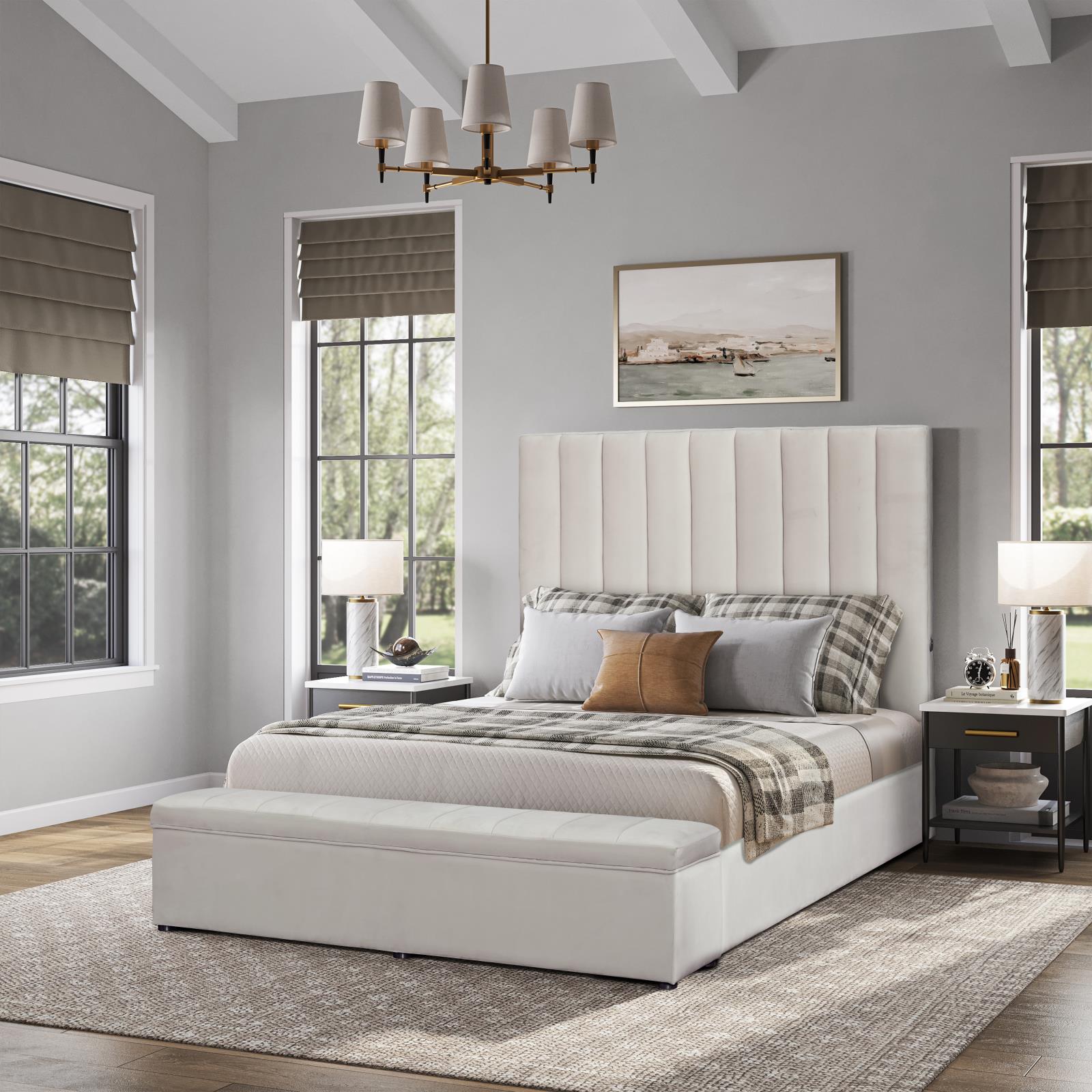 Jane Cream Upholstered Storage King Bed with USB Charger — view 3