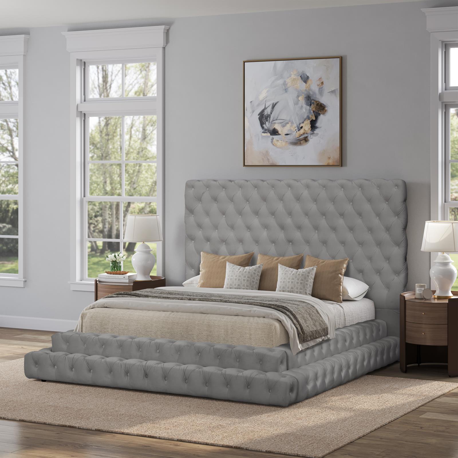 Vera Gray Upholstered King Bed with USB Charger — view 3