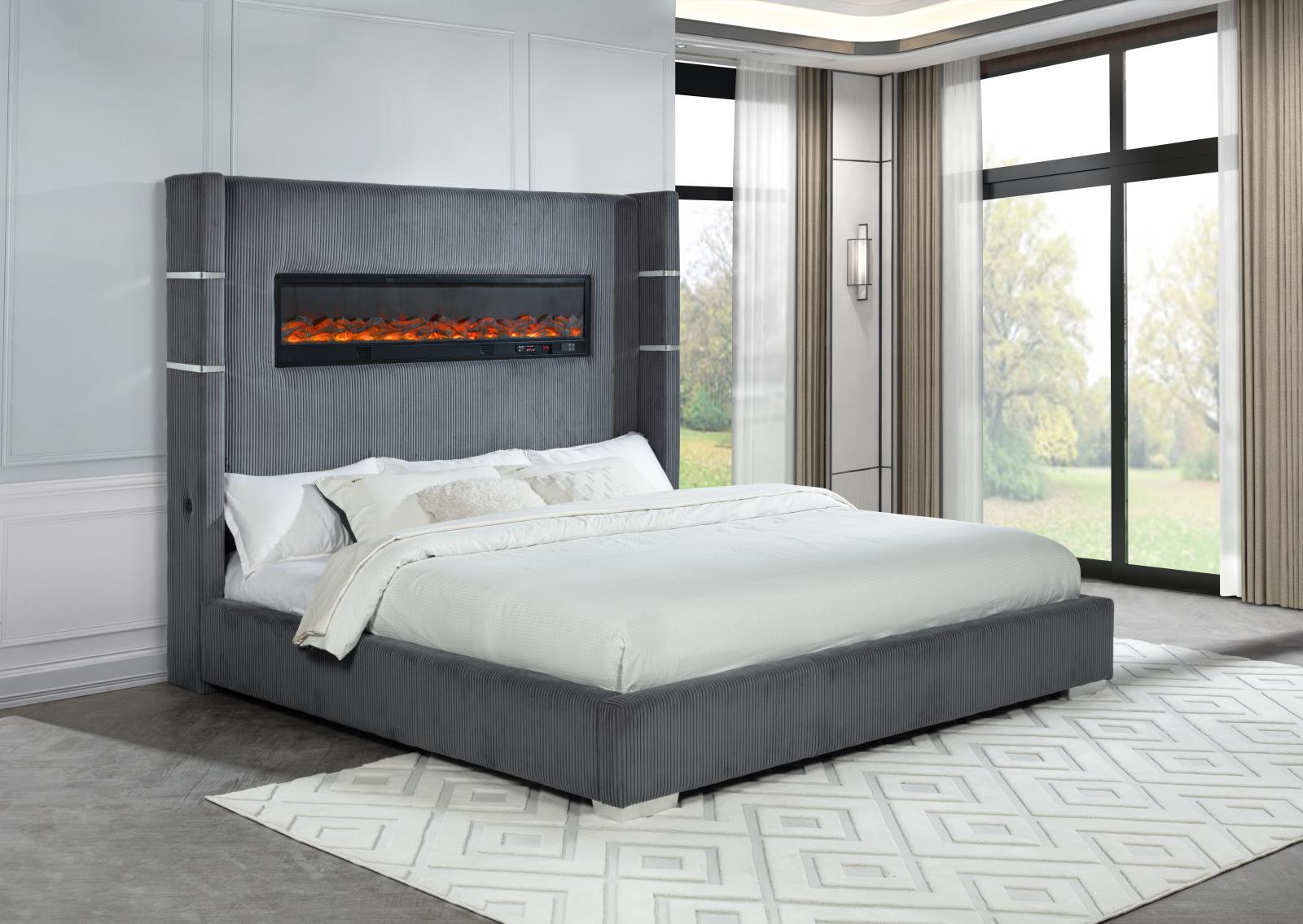 Eliza Gray Upholstered King Bed with Bluetooth Speaker — view 2