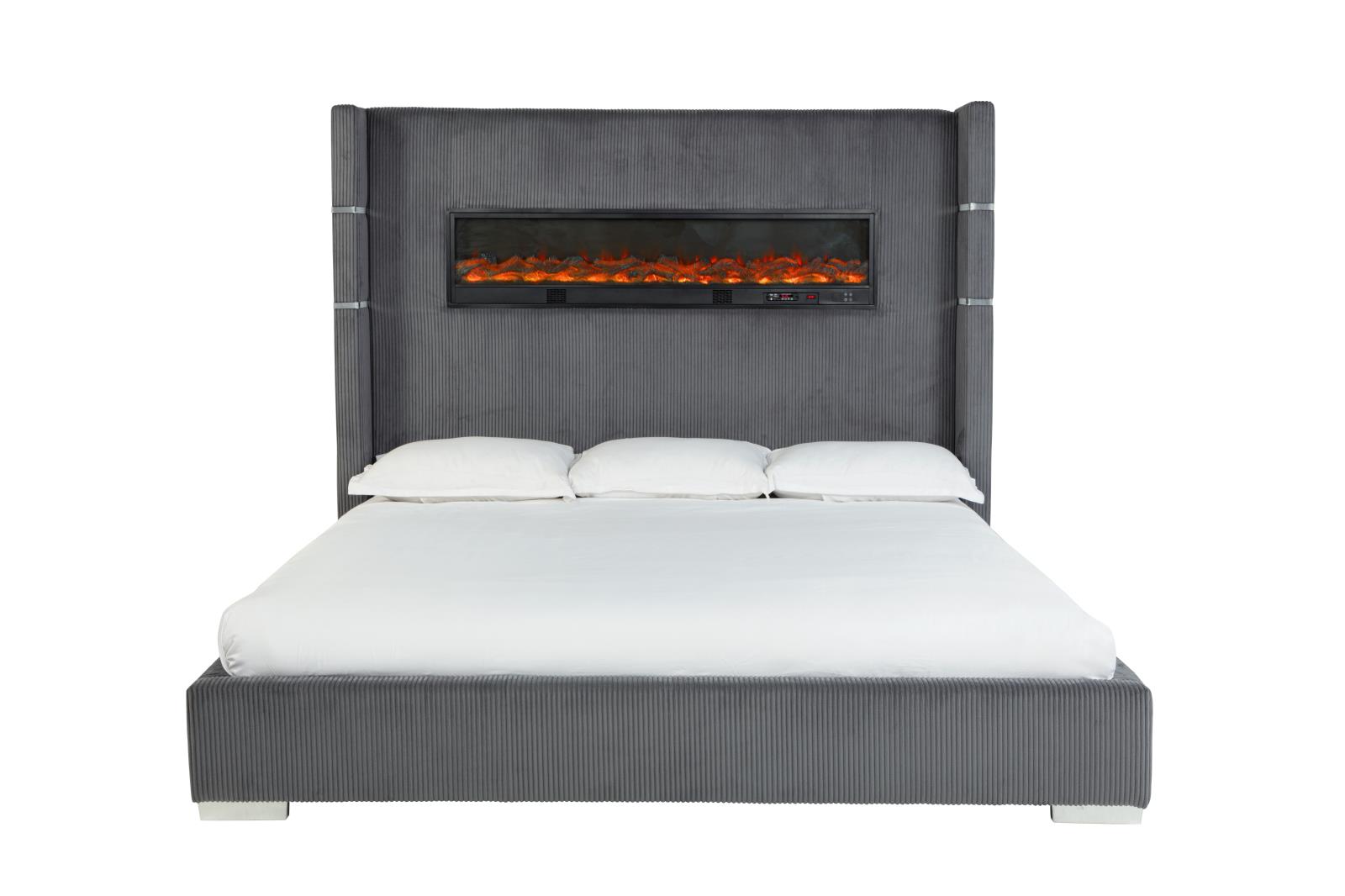 Eliza Gray Upholstered King Bed with Bluetooth Speaker
