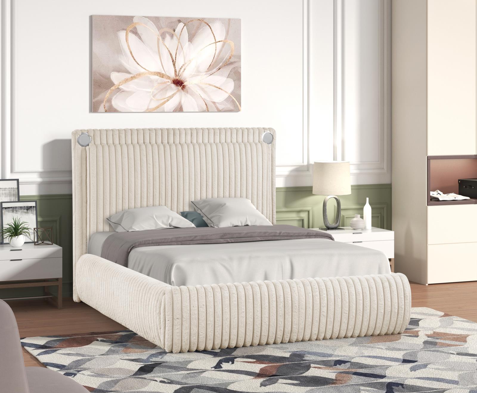 Noa Cream Upholstered Queen Bed with Bluetooth Speaker & USB Charger — view 2