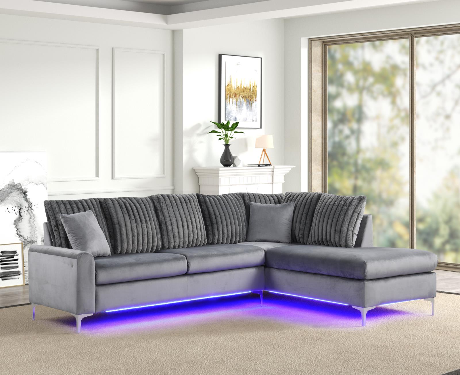 Melina 2-Piece Gray L Shaped Upholstered Sectional with LED — view 2