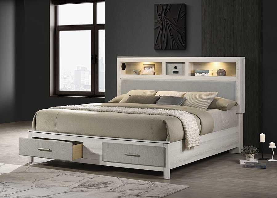 Roswell Beige Storage King Bed with Upholstered Headboard