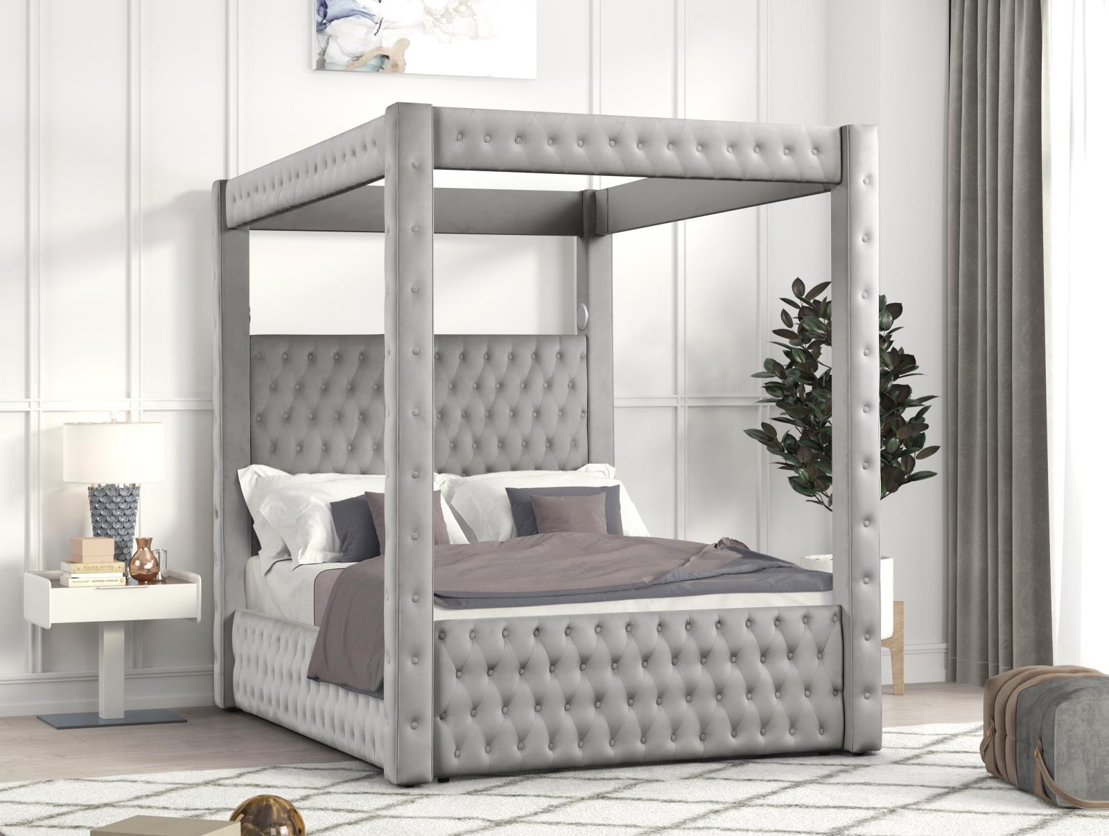 Remi Gray Upholstered King Bed with Bluetooth Speaker & USB Charger — view 2