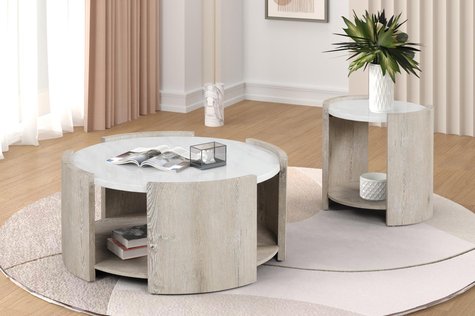 Lynda White & Beige Round Coffee Table with Faux Marble Top — view 3
