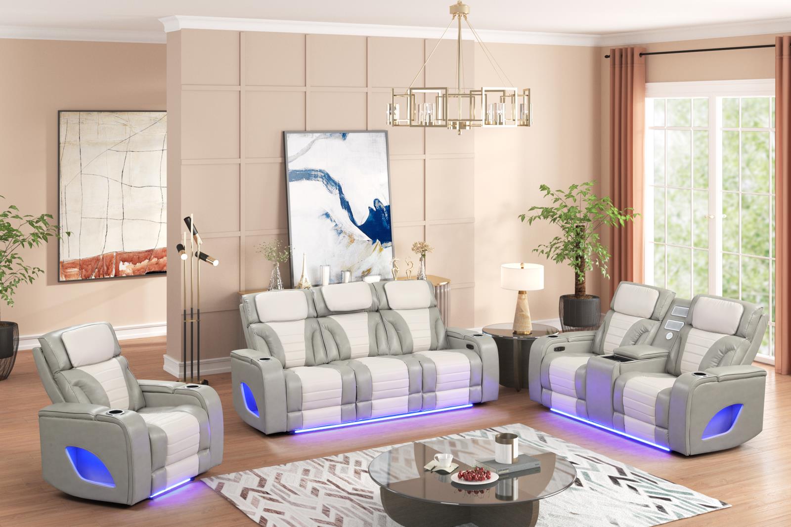 Tyra Gray & Ice Power Reclining Sofa, Loveseat & Recliner