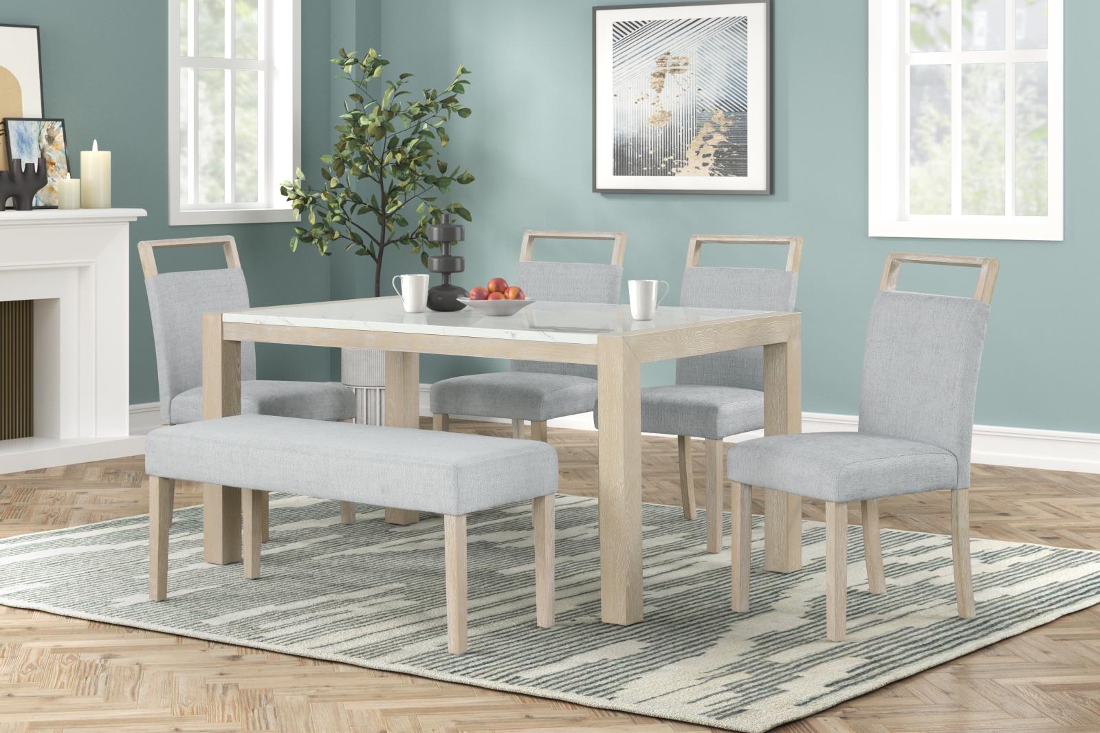 Skyla White & Oak Rectangular Shape Dining Table with Faux Marble Top — view 3