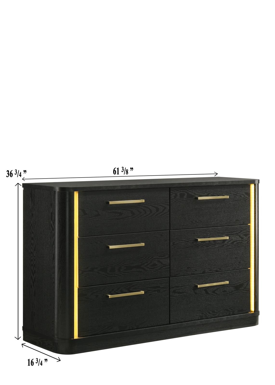 Olen Black 6-Drawer Dresser with LED Light