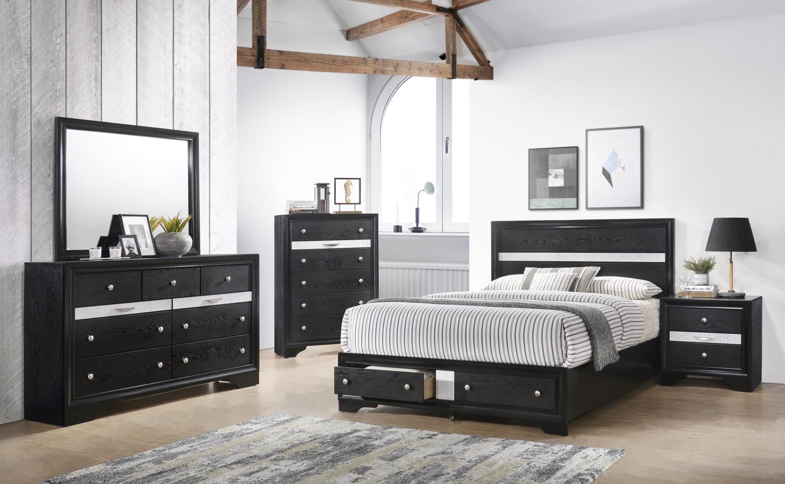 Berea Black Storage King Bed, Dresser, Mirror, Chest & Nightstand