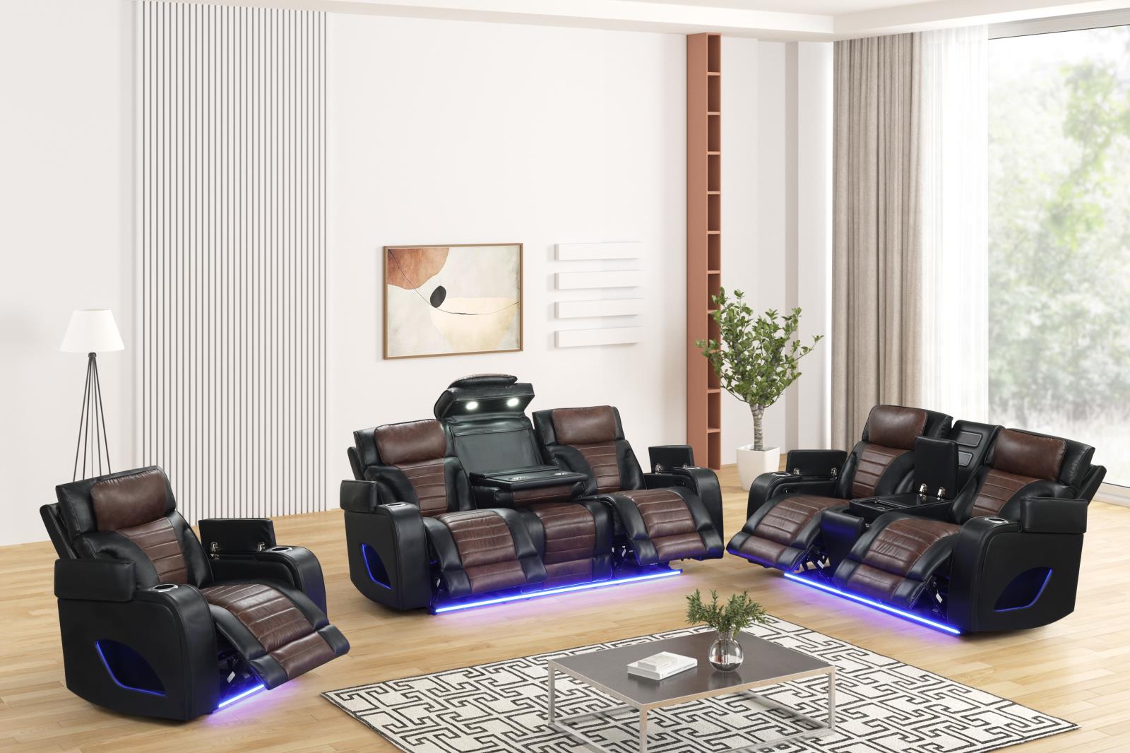 Tyra Black & Brown Power Reclining Sofa, Loveseat & Recliner — view 2
