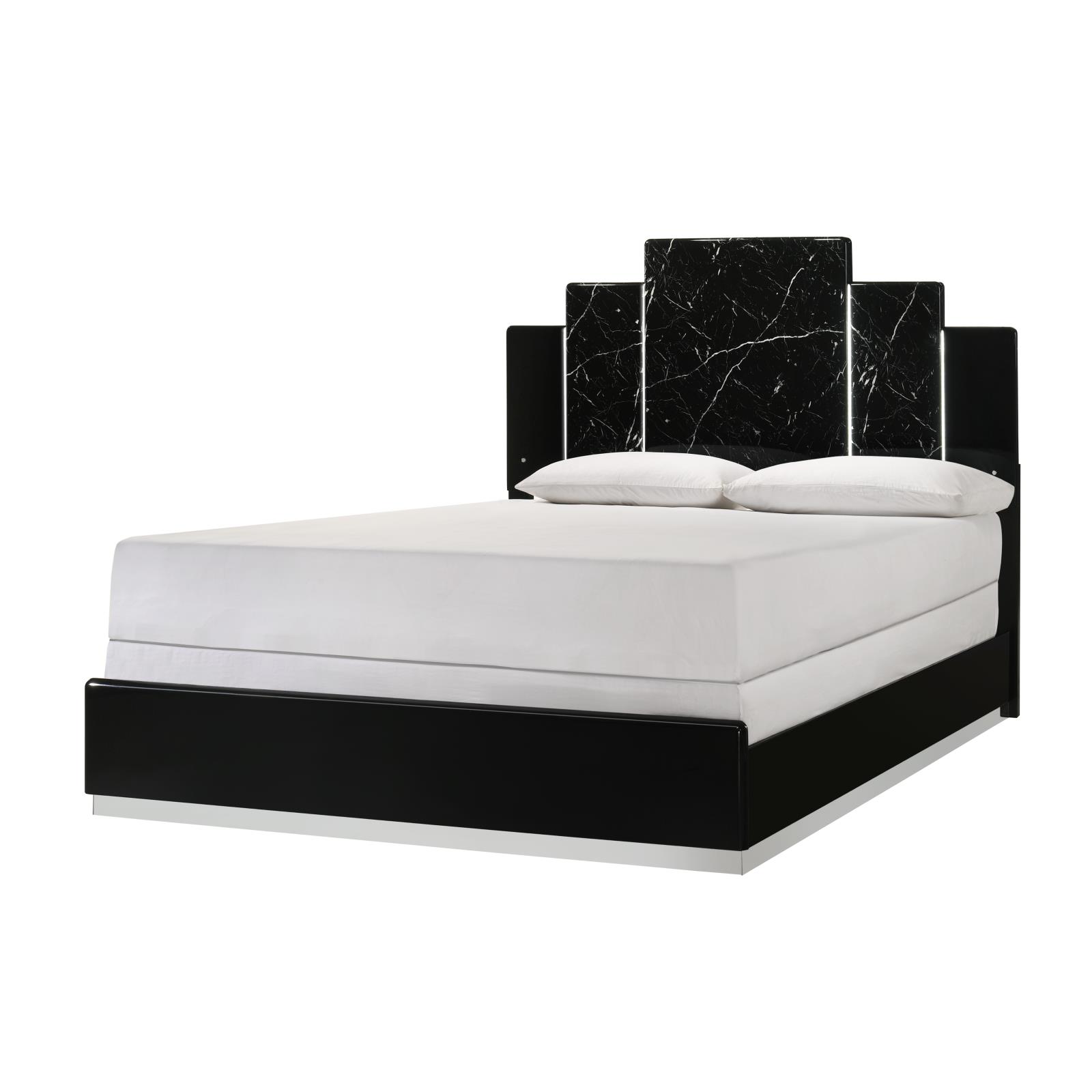 Lucia Black Panel King Bed with Faux Marble and LED Light