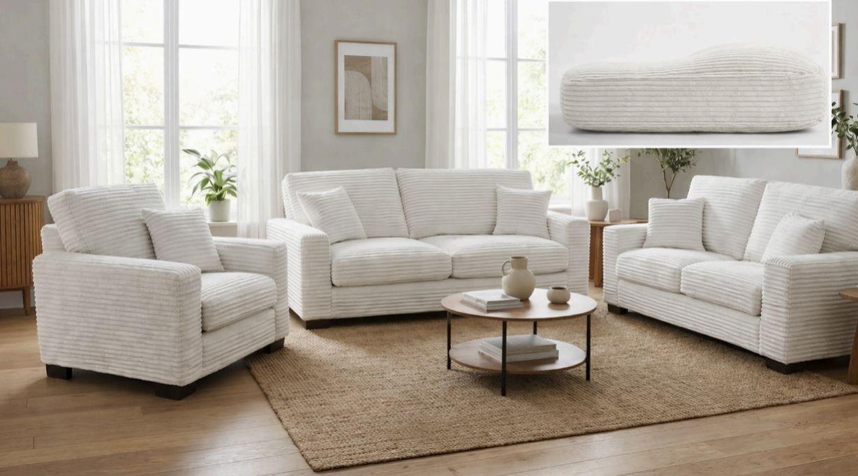 Savannah White Upholstered Sofa, Loveseat & Chair