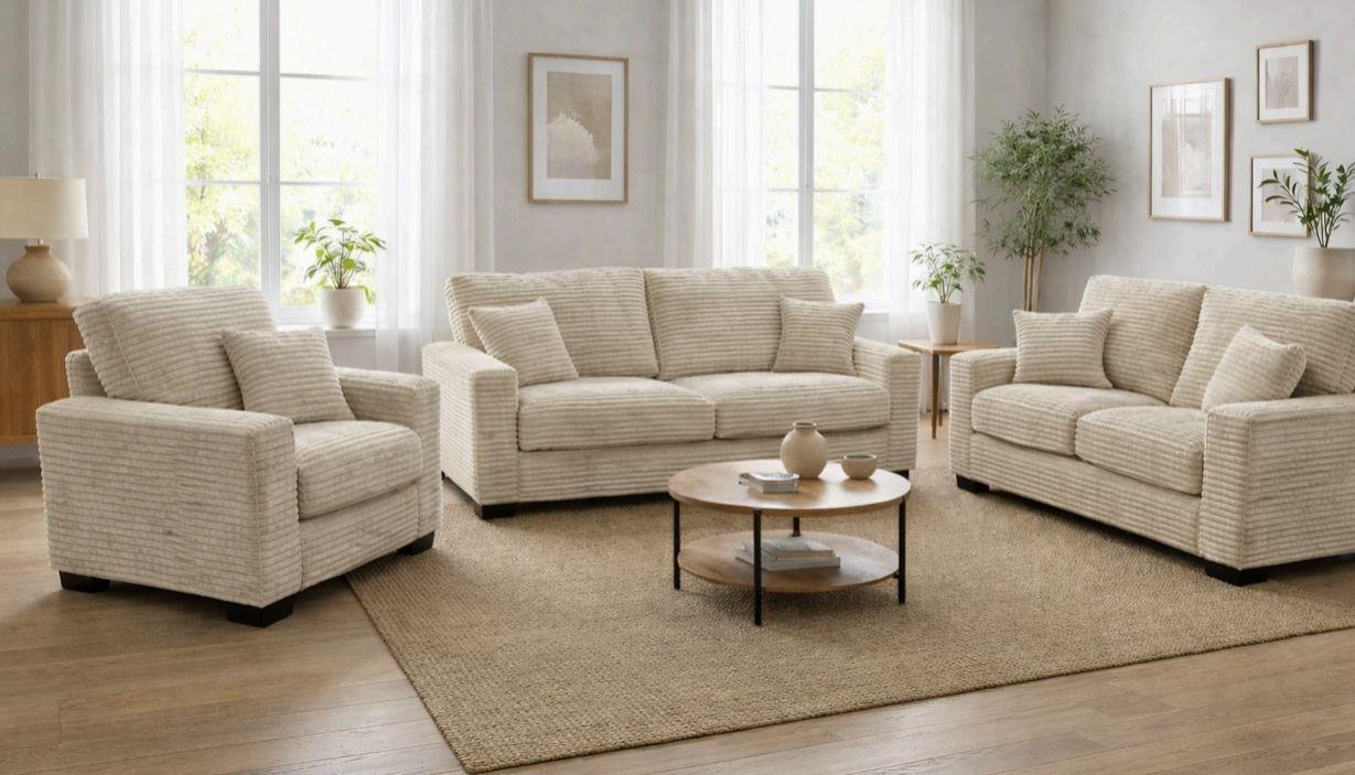 Savannah Beige Upholstered Loveseat with Throw Pillows Included