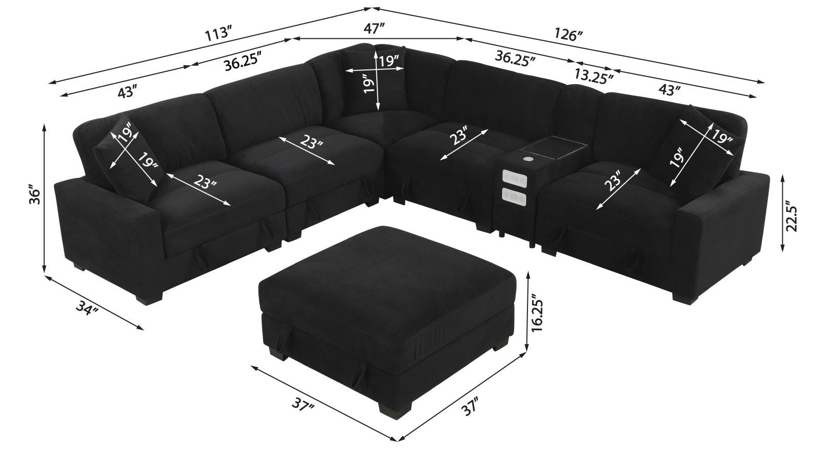 Brody Black Sectional with Lift-Up Storage