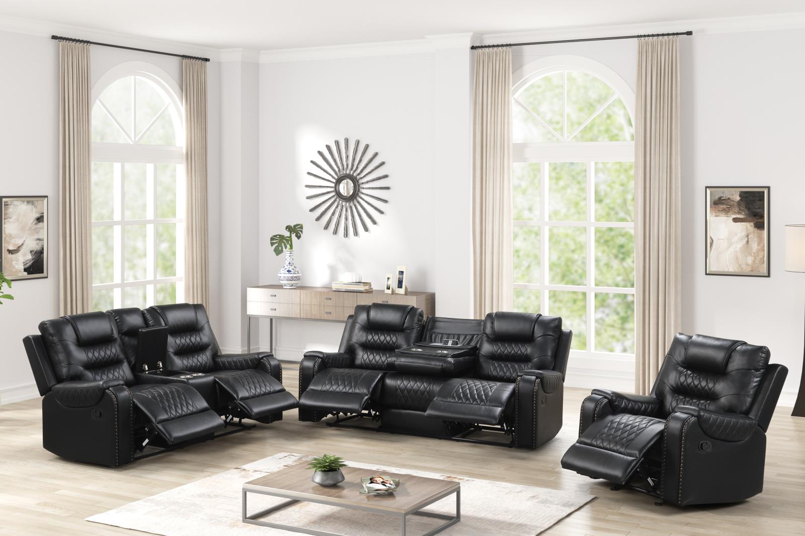 Ohio Black & Black Manual Recliner Sofa with Drop-Down Table — view 2