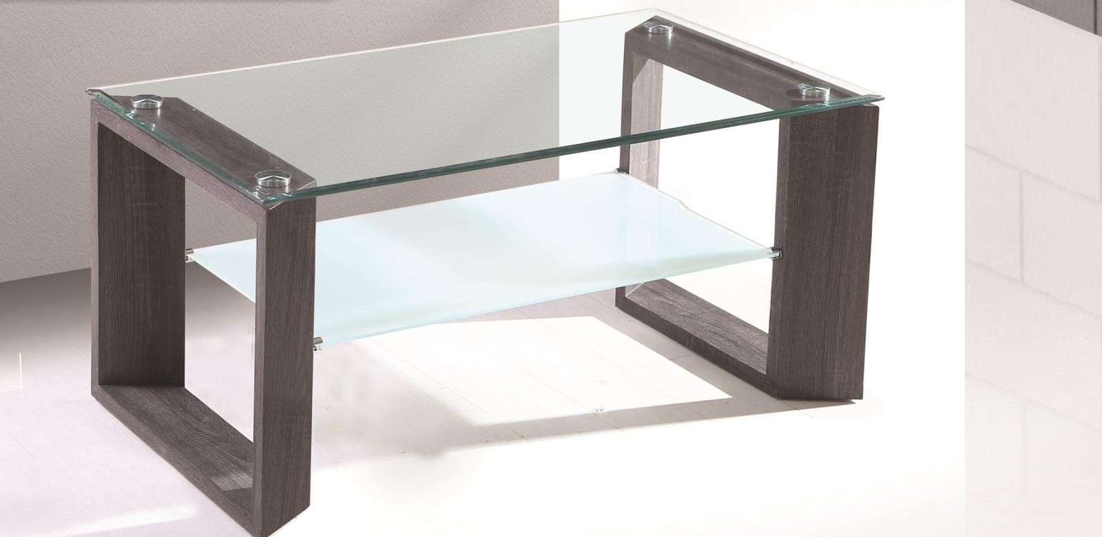 Doppio Gray Coffee Table with Glass Top and Storage Shelf