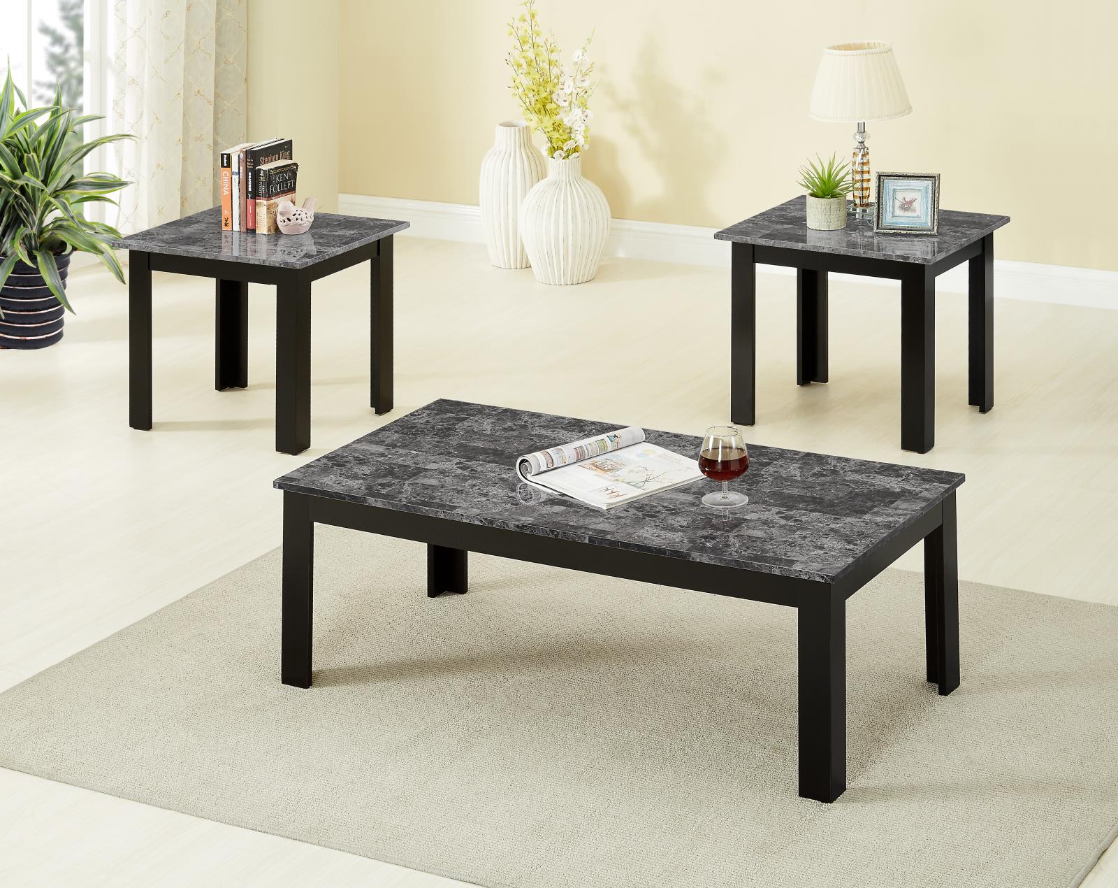Luna 3-Piece Gray Faux Marble Top Coffee Table Set