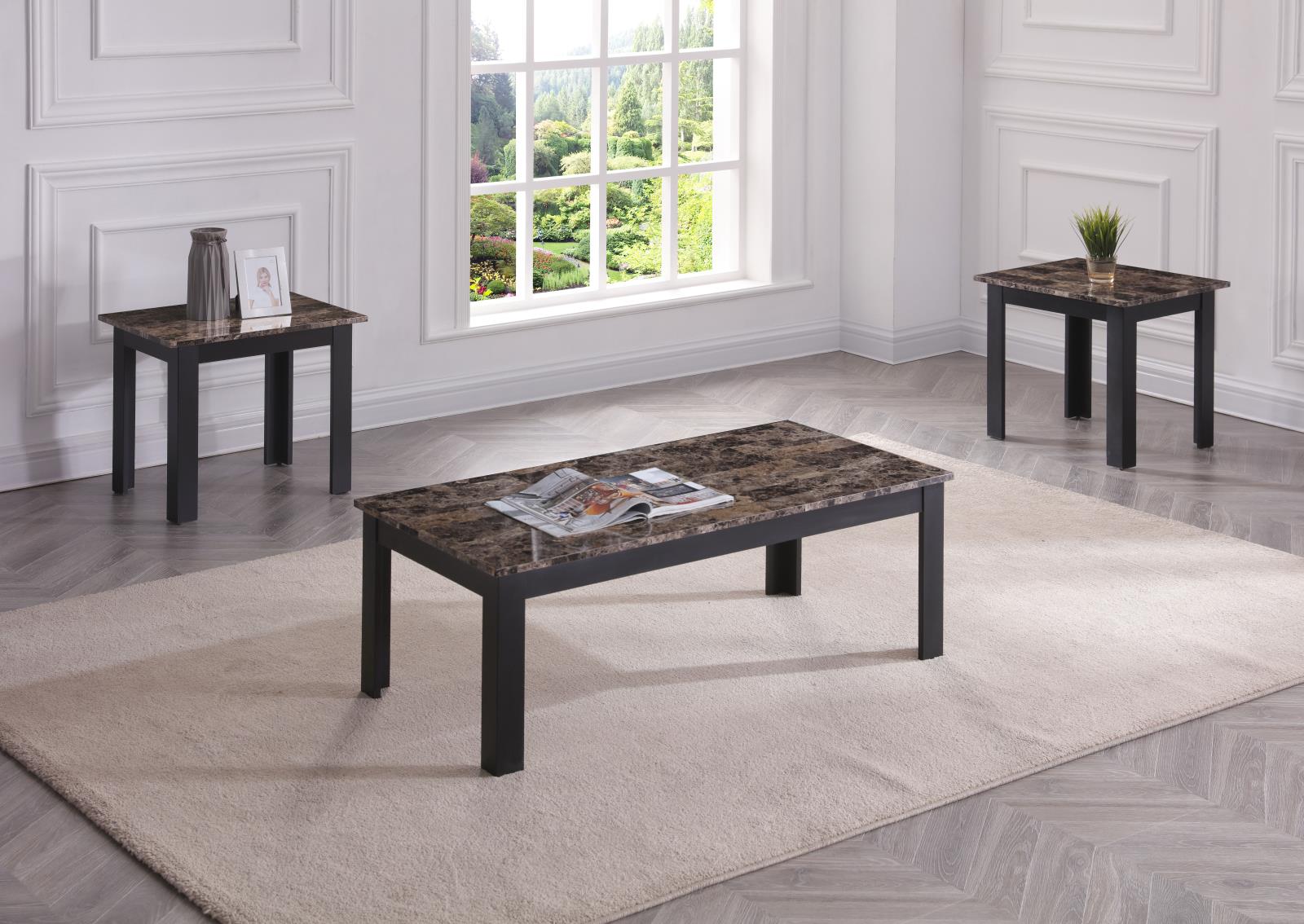 Luna 3-Piece Brown Faux Marble Top Coffee Table Set