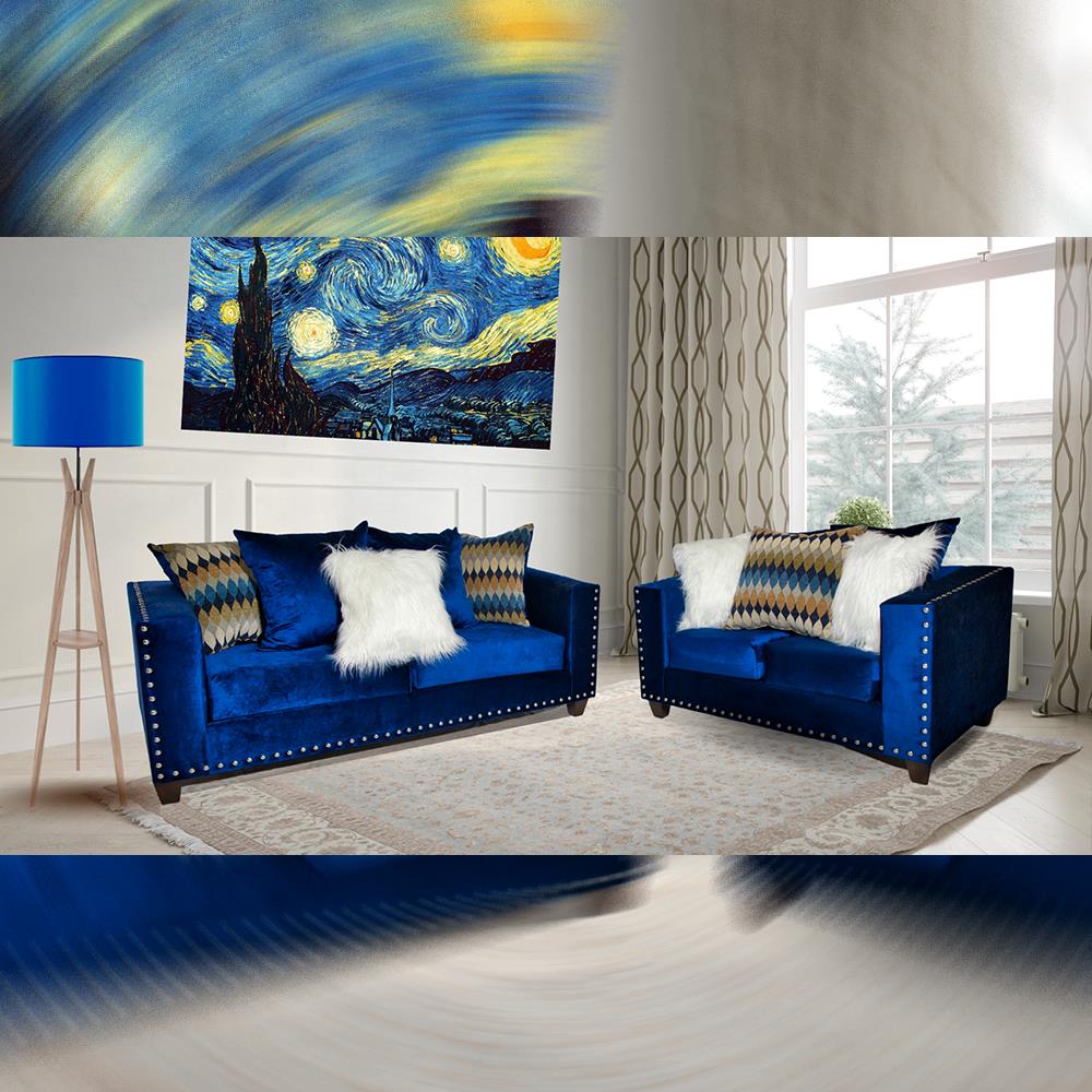 Flux Blue Velvet Loveseat with Nailhead Trim