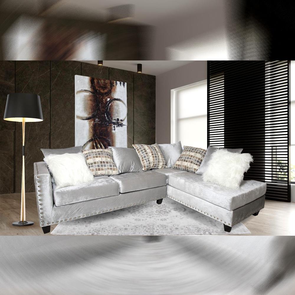 Flux Silver Velvet 2-Piece Sectional with Nailhead Trim